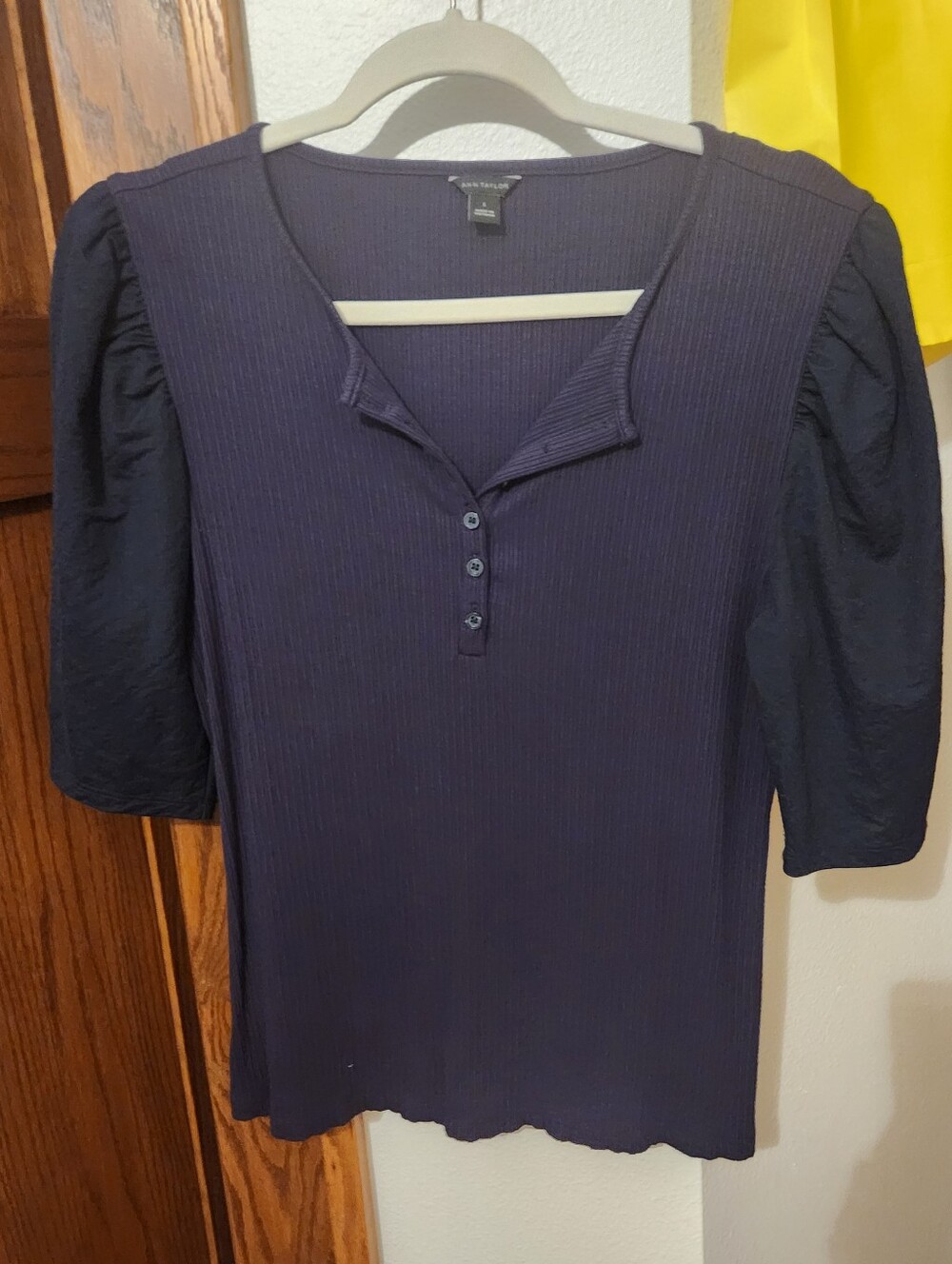 Ann Taylor Navy Ribbed Henley Top with Puff Elbow Sleeves